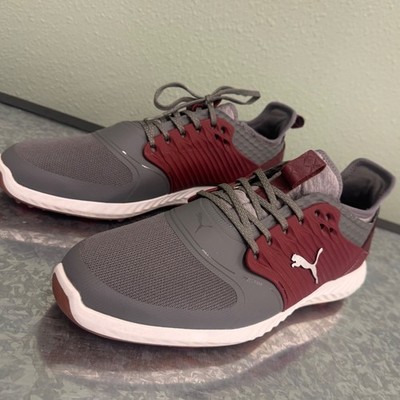 Puma Ignite PwrAdapt Golf Shoes Men 9.5 Grey Burgundy Excellent Waterproof Cleat