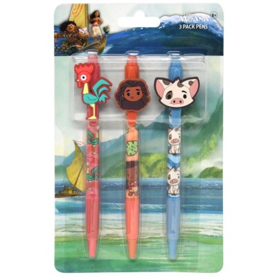 Disney Moana 3pk Pens with Rubber Character Clip on Card