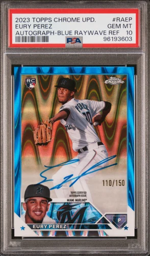 Eury Perez 2023 Topps Chrome Update Blue Lava Refractor /150 Rookie Auto PSA 10