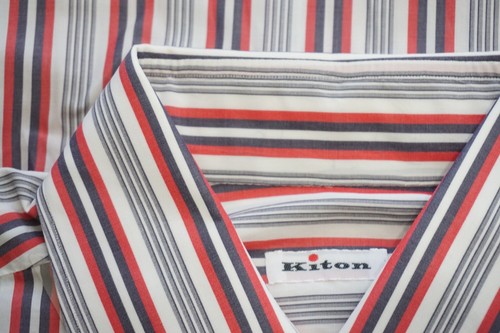 Kiton Su Misura White Red Blue Striped Plaid Cotton Spread Dress Shirt 15.5 - Picture 2 of 6