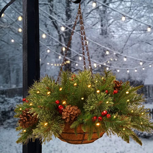 National Tree Company Pre-Lit Feel Real Artificial Christmas Hanging Basket 20in - Picture 4 of 7