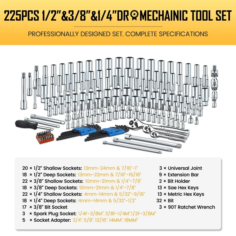 BOEN 225PCS Mechanic Tool Set, 1/4" & 3/8" & 1/2" Drive Socket Wrench Set - Image 2 of 4