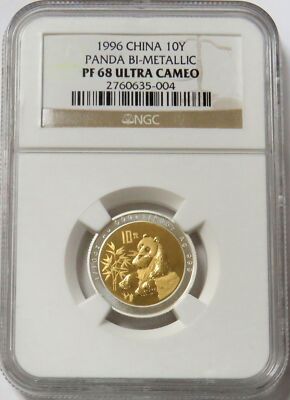 1996 GOLD/SILVER BI-METALLIC CHINA 10 YUAN PROOF PANDA 1/10 OZ