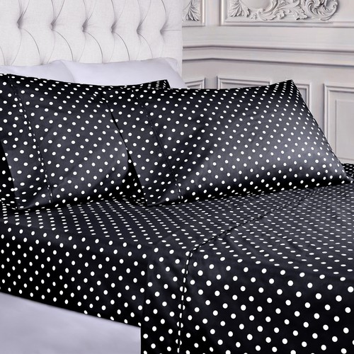600 Thread Count Cotton Blend Polka Dot Wrinkle Free Flat Fitted Bed Sheet Set - Picture 9 of 42