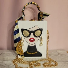 New Hard-Shell Vegan Leather Crossbody Purse with "Chic Lady" Design - White