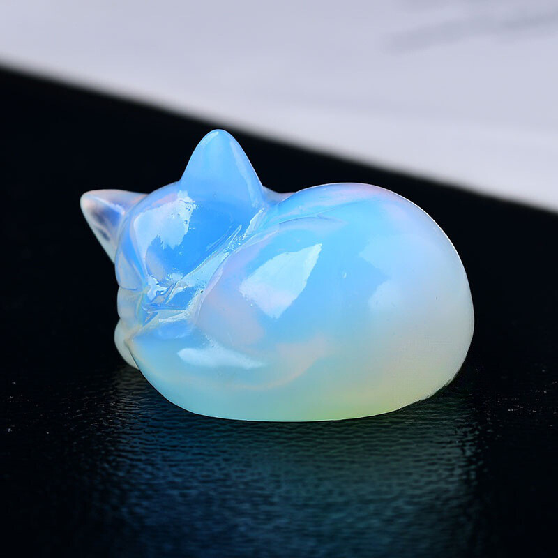 Natural Opal Quartz Crystal Carved Sleeping Cat Mini Stone Statue Healing Decor