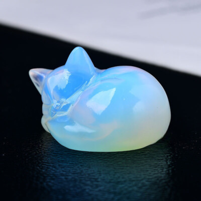 Natural Opal Quartz Crystal Carved Sleeping Cat Mini Stone Statue Healing Decor