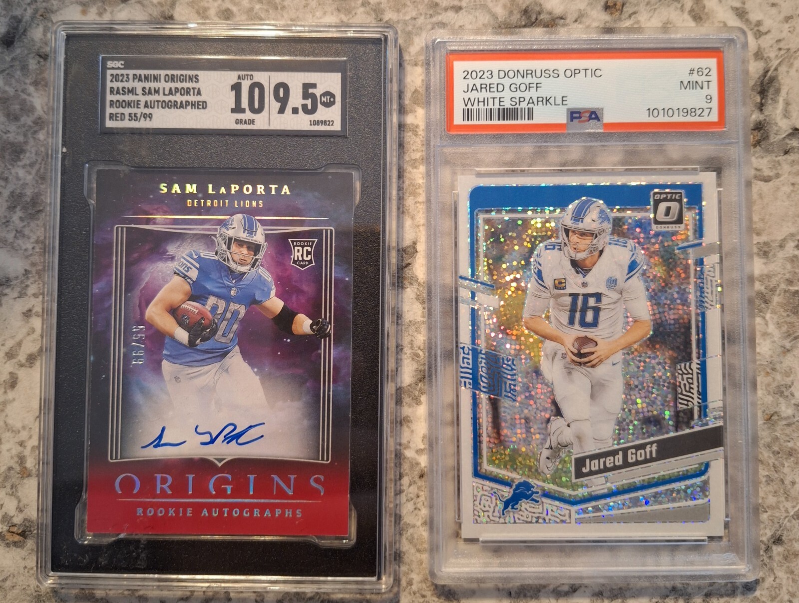 Sam LAPORTA RPA /99 and Jared Goff White SPARKLE PSA 9
