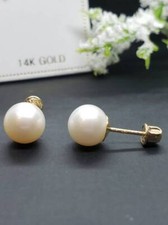 14K Solid Real Gold Genuine White Pearl Stud Screw Back Earrings
