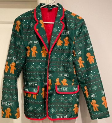 BITE ME Gingerbread Man Ugly Christmas Party Jacket Sportcoat Size Mens Small S