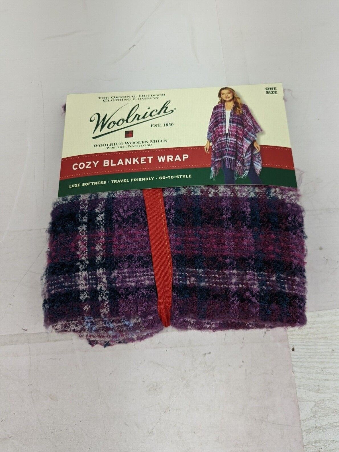 New Woolrich Women's One Size Becca Plaid Cozy Blanket Wrap Poncho Purple R13
