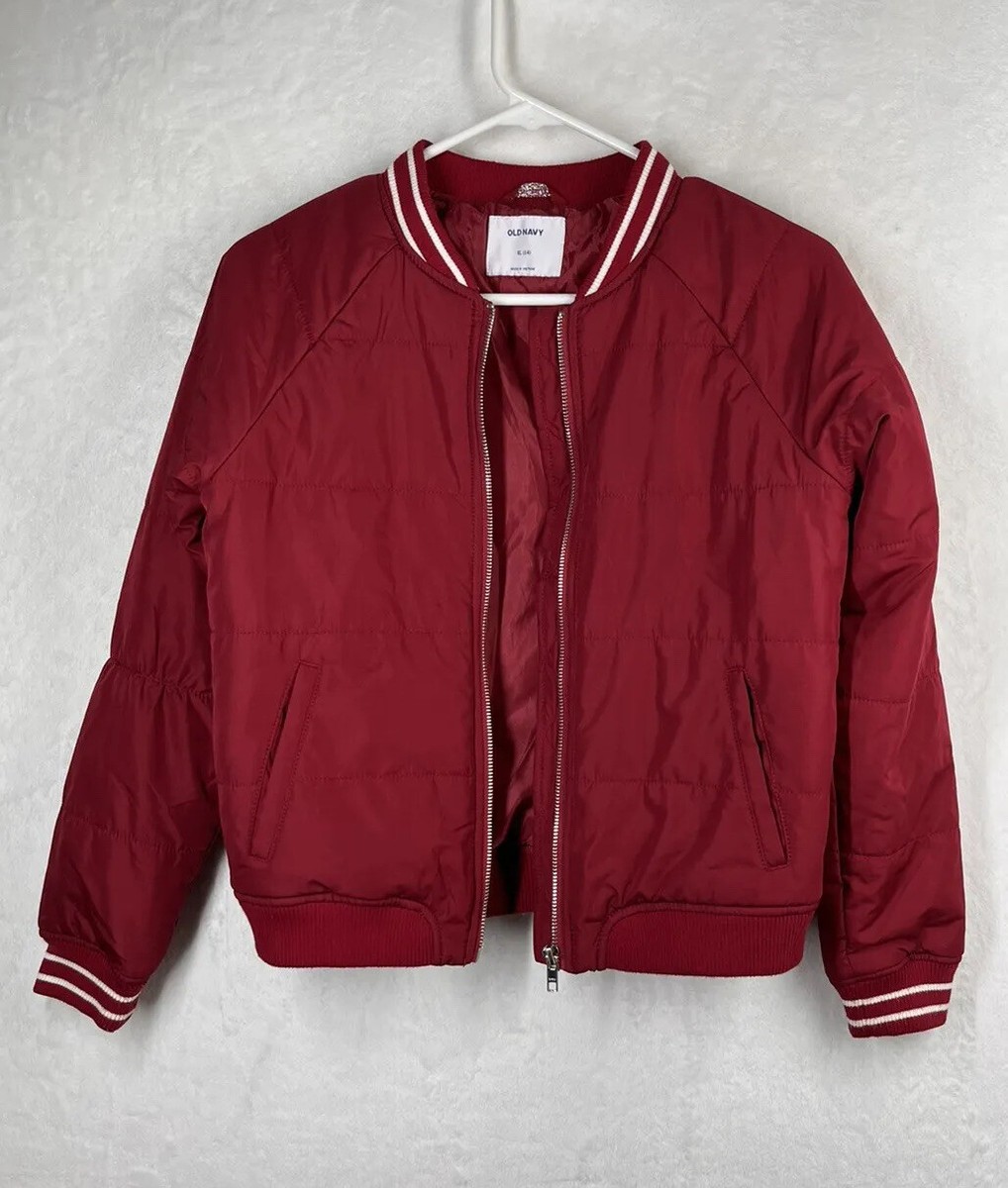 Old Navy Girls Bomber Jacket Size XL 14 Red Burgundy With White Strips Zip Up