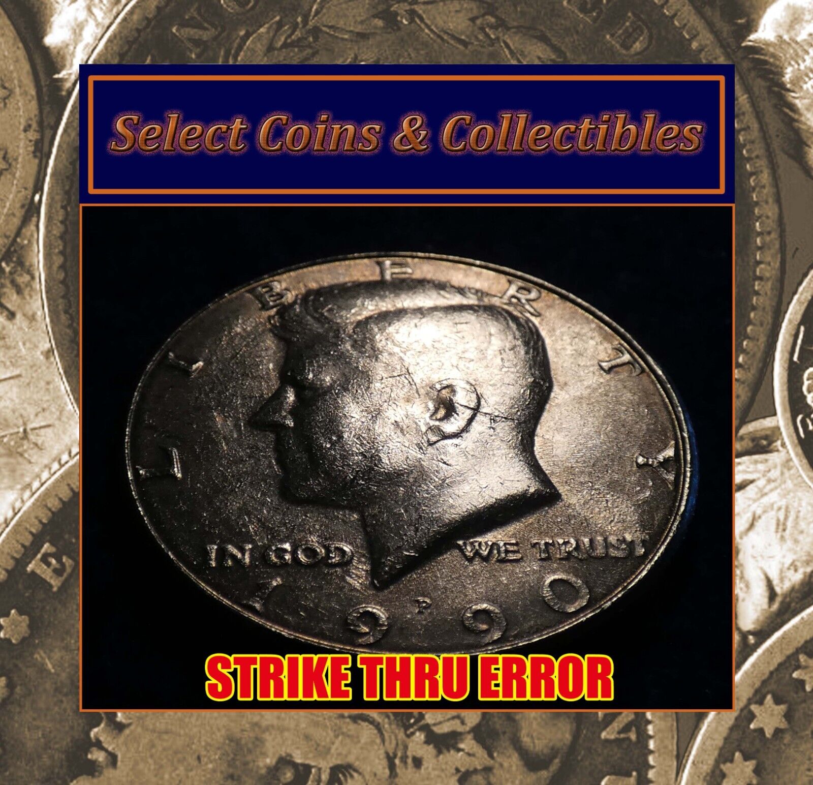 1990-P Kennedy Half Dollar Struck Through Grease Error Coin #1979