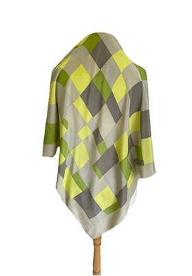 Vintage Geometric Silk Scarf Green Gray Yellow Square Shawl Head Neck Wrap #A11
