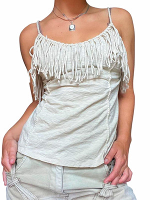 Boston Proper Women s Beige Scoop Neck Fringe Spaghetti Strap Cami Tank XS