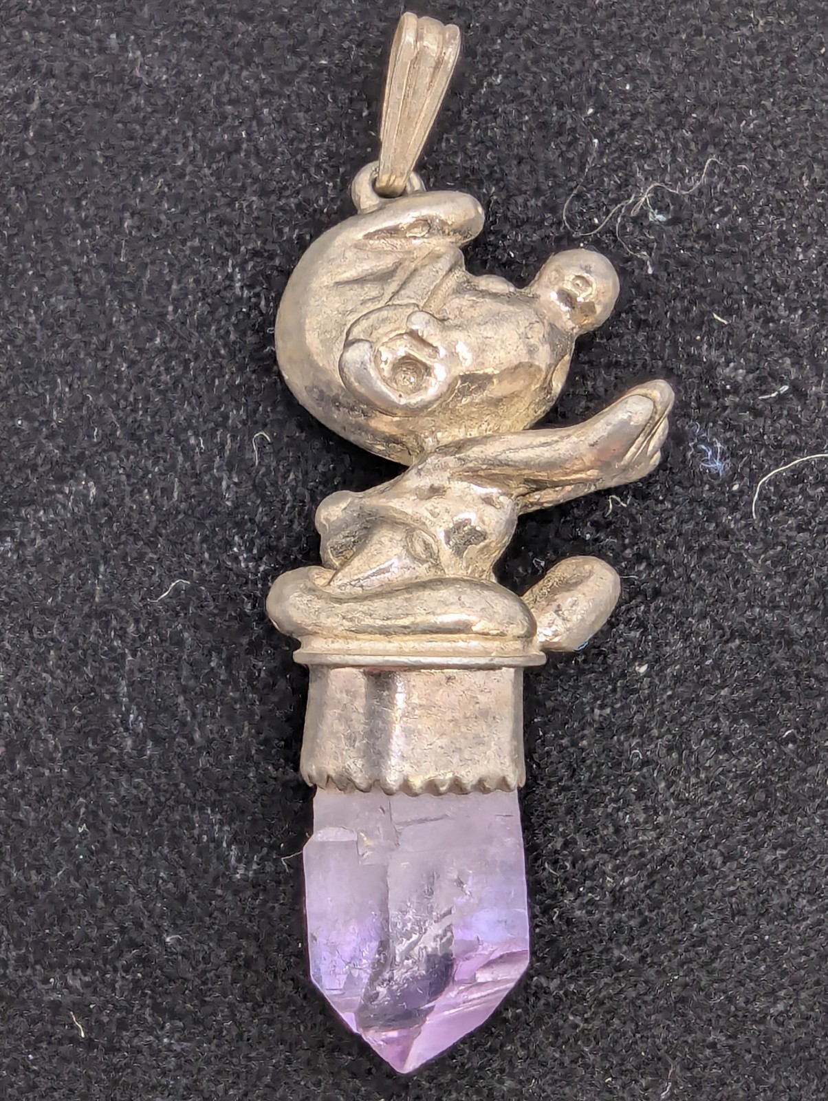 Vintage SMURF With Amethyst Crystal Sterling Silver Pendant. 44mm Long. 7 Grams.