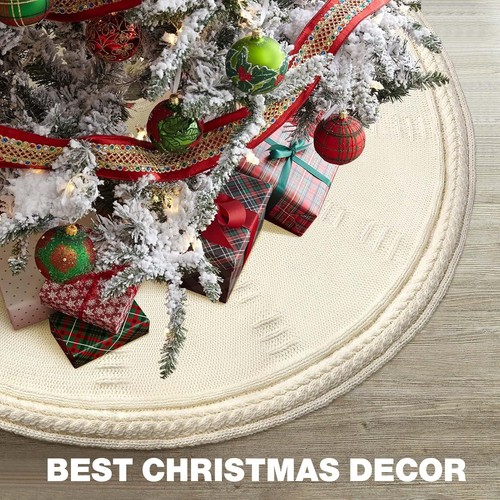 Christmas Tree Skirt 48 Inch Large - Knit Knitted Thick Rustic Tree Skirt Decor - Picture 4 of 6