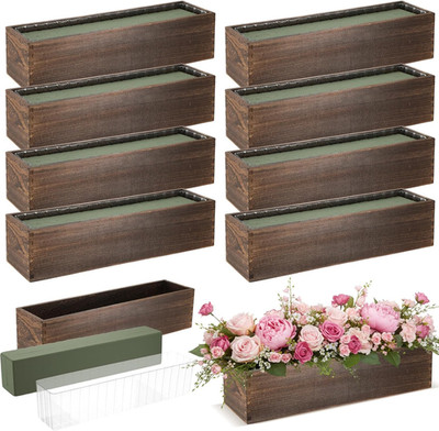Rustic 8 Set Wooden Planters with Liners - 17x4 Inch DIY Decor Boxes