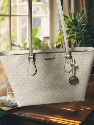 Michael Kors Sheila Large Handbag Purse Shoulder Tote Bag White MK Signature