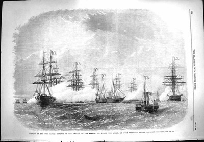 Antiker Druck Ref.133 1869 Suezkanal Kaiserin französische Aigle Schiffe Hafen Said