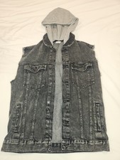 ZARA Youth Denim Vest Detachable Hood Black Washed Graphic Back Size 13-14
