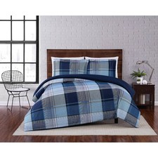 Truly Soft Twin XL 2pc Trey Plaid Duvet Cover Set Navy: Microfiber