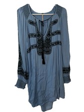 Free People Wind Willow Boho Blue Embroidered Mini Sundress Dress Size XS