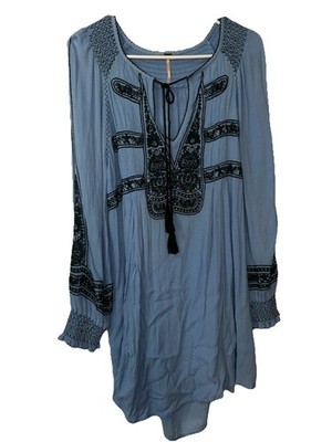 Free People Wind Willow Boho Blue Embroidered Mini Sundress Dress Size XS