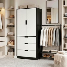 2 Door Wardrobe Modern Wardrobe with 3 Drawer and Hanging Rod for Bedroom Black
