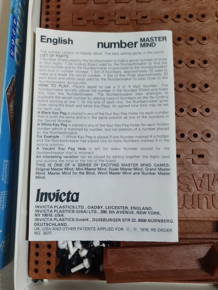 Vintage "NUMBER MASTERMIND" Game (1976)  Original Instructions  - Image 2 of 4