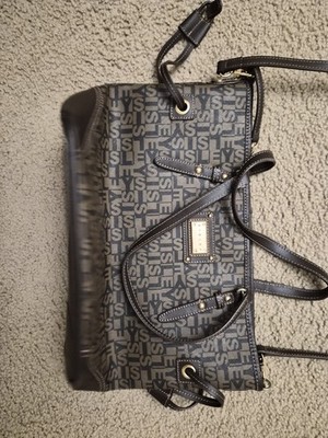 Sisley Gray/Black Logo Print Large Tote Zip w/ Detachable Strap Gold