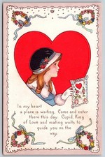 Vintage Valentine Postcard Girl w/ Heart Poem Embossed Made in USA 1910s D405