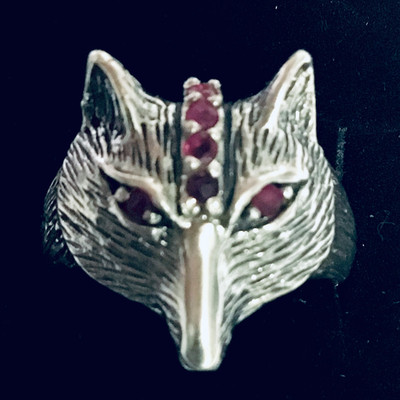 Ring Sterlingsilber Tier 2D Fuchsgesicht Rubin Reiter Jagd in Schachtel Größe 8 P
