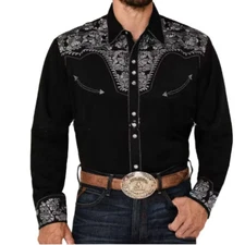 Embroidered Print Black Cowboy Style Mens Shirt