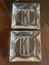Glass Ashtray w/ etched letter "K" in the center Cigar Cigarette Clear -Vintage 