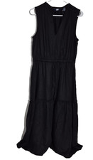 Lands End Dress Womens 1Medium Black V-Neck Tiered Midi Dress Pockets New