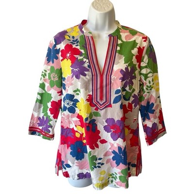 Boden tunic blouse US 6 Colorful floral 3/4 sleeve V-neck Womens Lightweight top