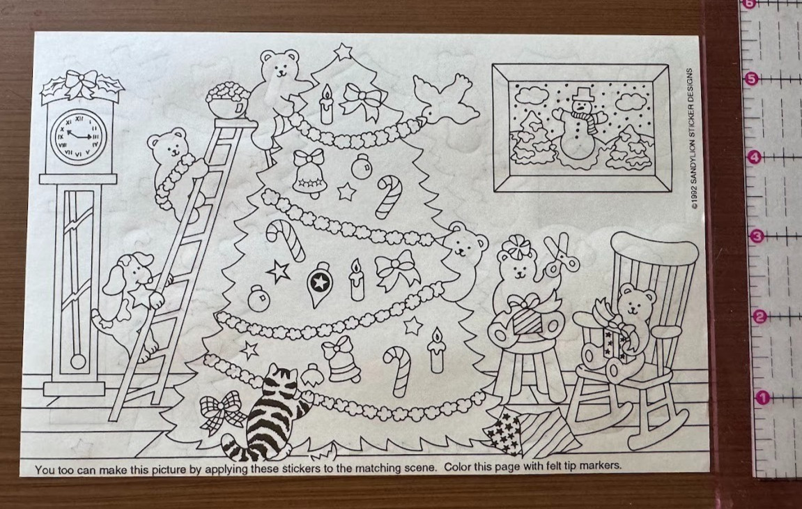 1990s Vintage Sticker Sandylion Activity 1992 Bears Trimming Christmas Tree