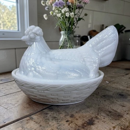 Vintage Fenton Milk Glass Hen On Nest Covered Dish Rustic Farmhouse