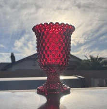 Vintage Red Bubble Hobnail Glass Peg Votive Cup Candle Holder Retro 
