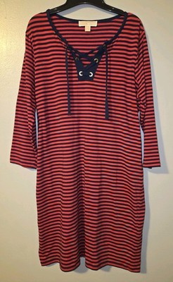 Womens Michael Kors Nautical Inspired Striped Dress Size L Large Lace Up Neck