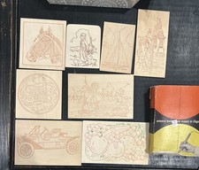 Set Of 8 Vintage Wood Burning plaques Ungar Original Box Horse Roadster Boat