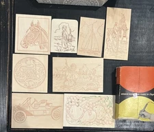 Set Of 8 Vintage Wood Burning plaques Ungar Original Box Horse Roadster Boat