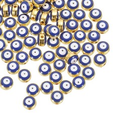 60 Pcs 8mm Flat Round Evil Eye Beads with Golden Edge, Blue