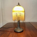 Art Nouveau Style Lamp Yellow Mottled Glass Beaded Fringe Shade Vintage Tiffany