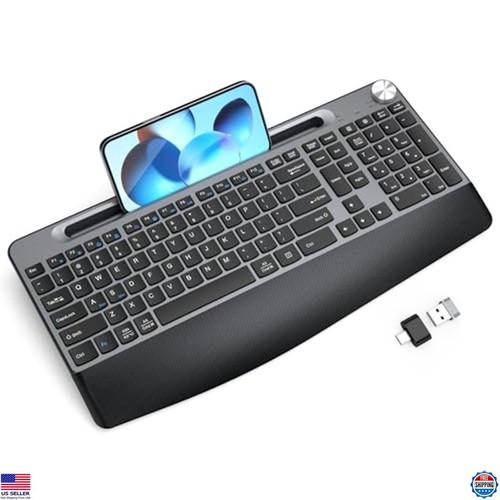 Tastiera Wireless Ergonomica con Poggiapolsi, Design Silenzioso, USB, Full Size, Grigio
