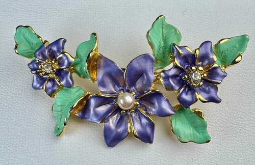 Vintage Pastel Enamel Rhinestone Flower Bouquet Brooch Lavender Purple 3” Pin