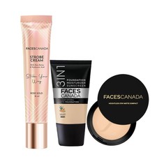 FACES CANADA Full Cover Glam Combo Base Crema Estroboscópica Conjunto Compacto 3 piezas
