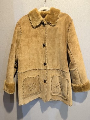 Women's BAGATELLE Tan Leather Faux Fur Trim Patchwork Penny Lane Coat Size XL