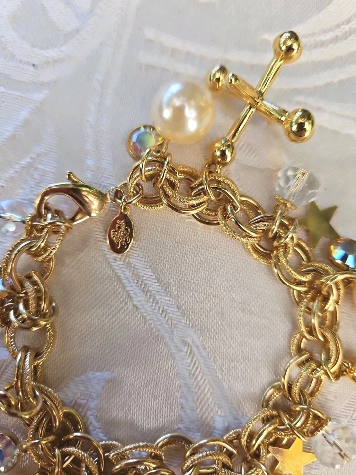Kirks Folly "JACKS" Crystal Stars & Pearls Gold Tone JAX Vintage Charm Bracelet - Image 2 of 4
